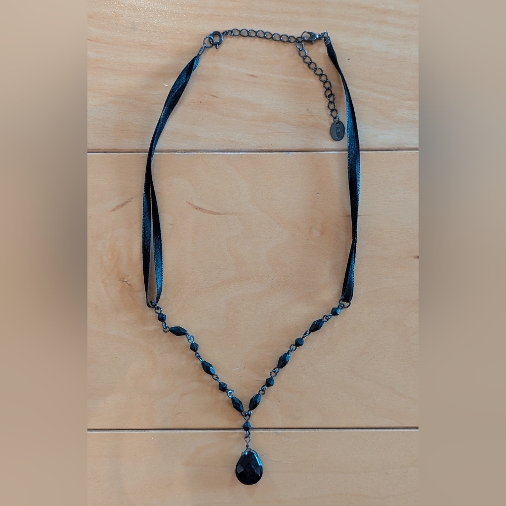 Black Ribbon Beaded Necklace Statement Necklace Adjustable EUC